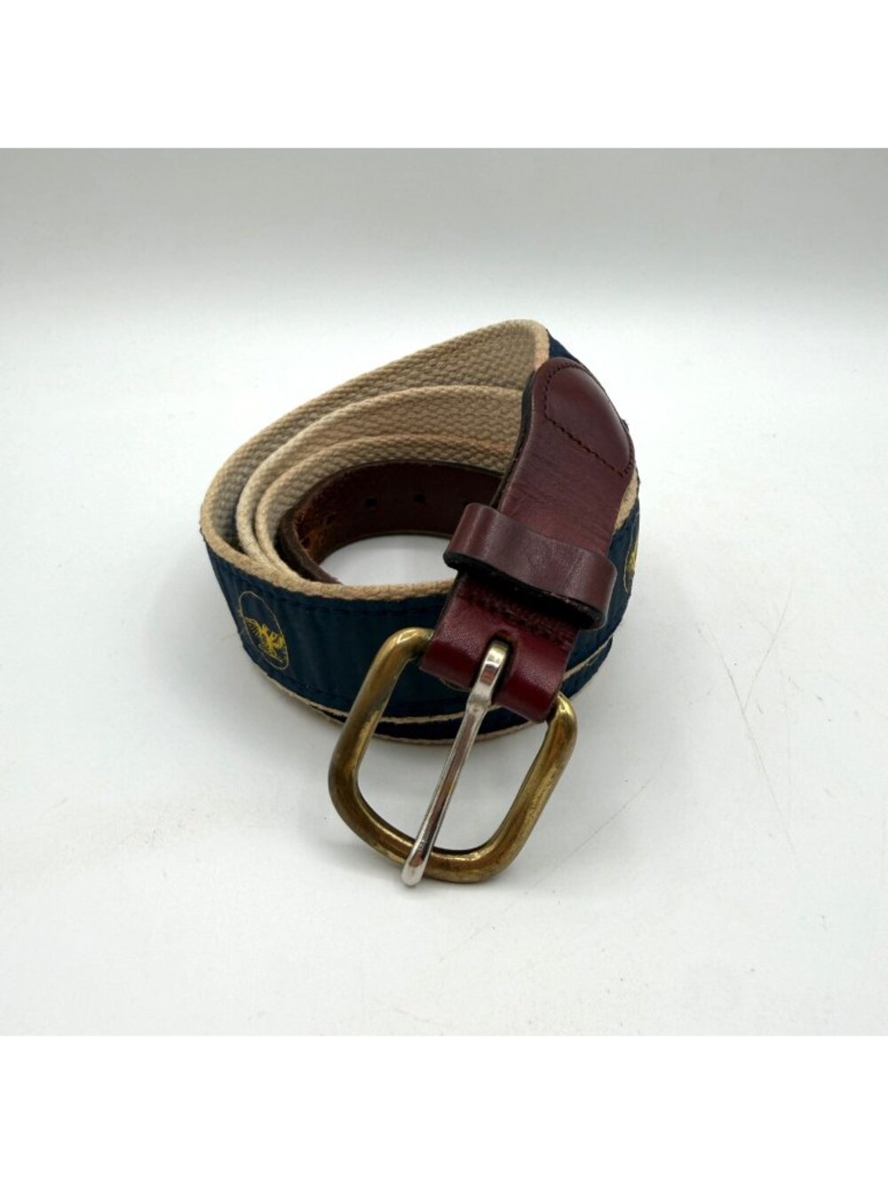 Vintage Made in USA Navy Eagle Print Canvas & Leather Belt Brass Buckle Size 44